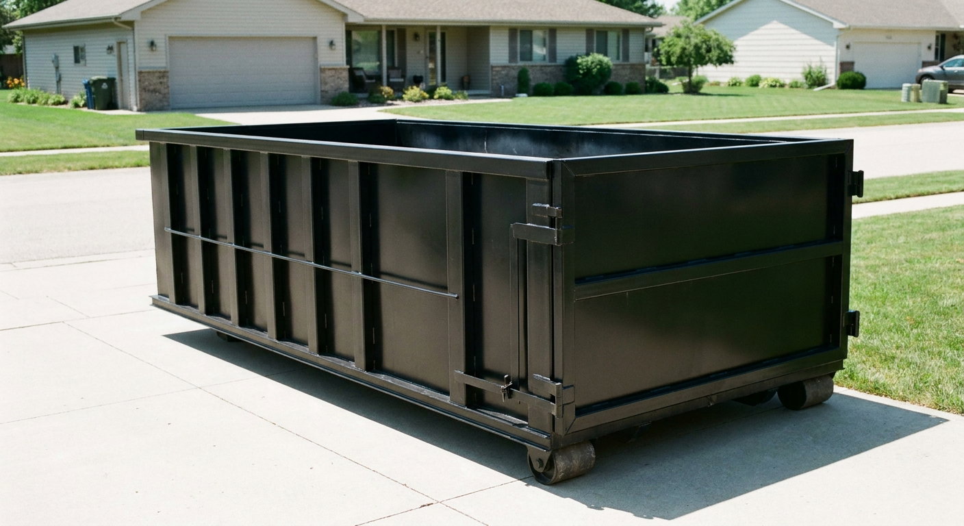 Matte-black 10-yard roll-off dumpster on a residential concrete driveway in Eagan, uniformly painted matte black across every panel and rail, ribbed steel sidewalls and rear swing door visible, mid-day daylight.