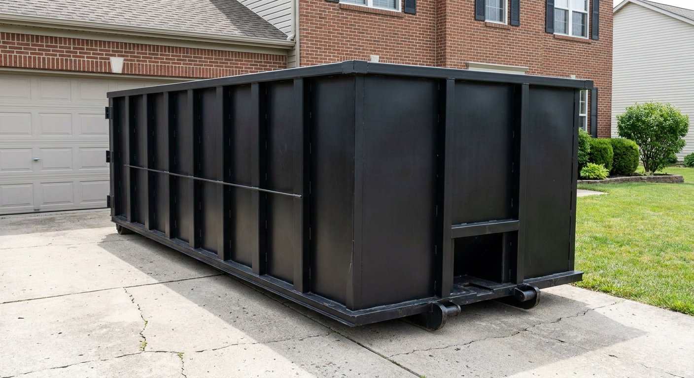 Matte-black 20-yard roll-off container on a Eagan residential concrete driveway with reinforced ribbed steel sidewalls and a hinged rear walk-in door, clean bright daylight.
