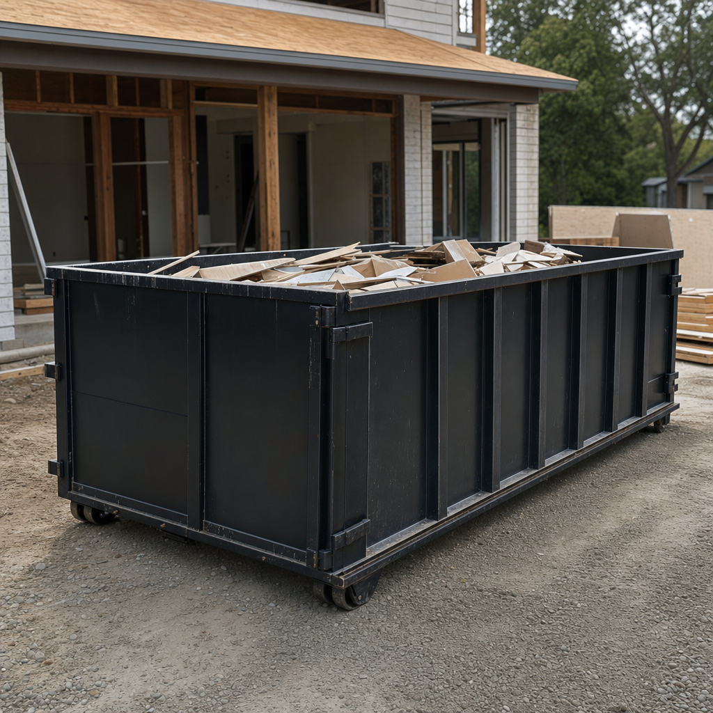 Large matte-black 30-yard construction roll-off dumpster at an active Eagan jobsite, steel-gray top rails and bottom rollers visible, loaded with construction debris.
