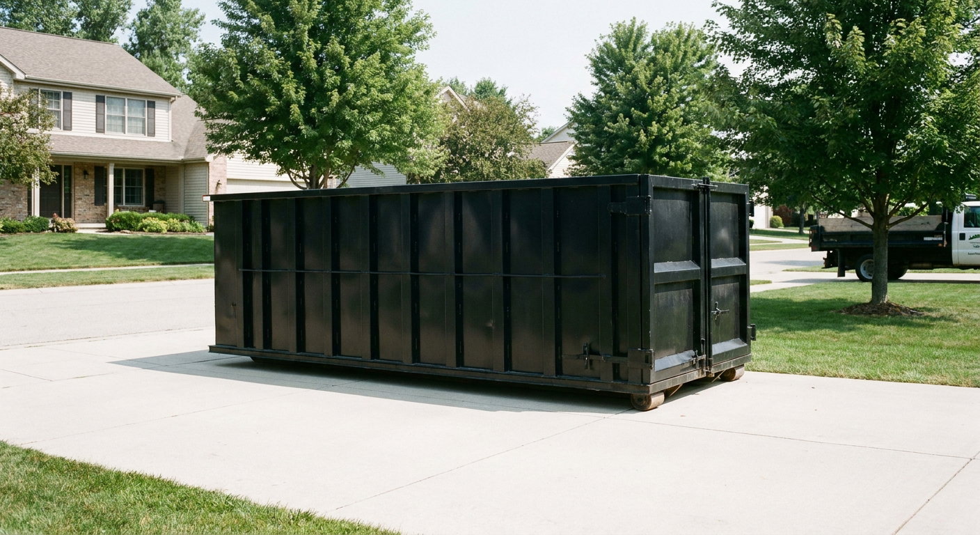 Matte-black 20-yard roll-off dumpster sitting level on a clean Eagan residential concrete driveway under bright daylight, demonstrating clean placement directly on the concrete.