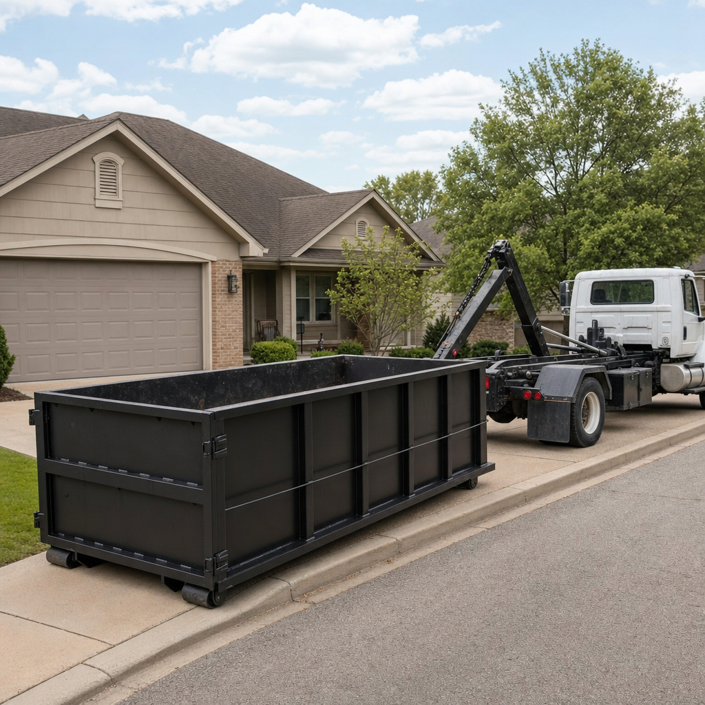 Wide documentary shot of a matte-black roll-off dumpster on a Eagan residential driveway in the foreground and a contractor jobsite container in the soft-focus background, bright daylight, calm and orderly composition.