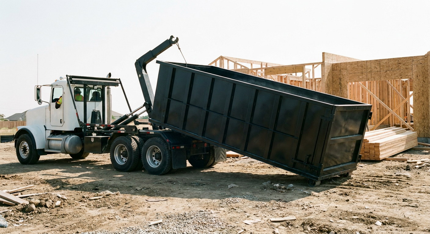 Matte-black roll-off dumpster being delivered onto a clean residential concrete driveway in Eagan by an unmarked white hooklift hauler truck, bright morning daylight, documentary 35mm perspective.